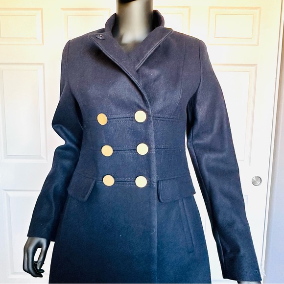 NWT T Tahari Wool Peacoat Classic Double Breast Military Coat,Navy/Gold XS, M - Picture 1 of 15